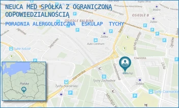PORADNIA ALERGOLOGICZNA  ESKULAP - ŚWIAT ZDROWIA OPERATOR MEDYCZNY SPÓŁKA Z OGRANICZONĄ ODPOWIEDZIALNOŚCIĄ - UL. STEFANA CZARNIECKIEGO 6,  TYCHY