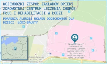 PORADNIA ALERGII UKŁADU ODDECHOWEGO DLA DZIECI - WOJEWÓDZKI ZESPÓŁ ZAKŁADÓW OPIEKI ZDROWOTNEJ CENTRUM LECZENIA CHORÓB PŁUC I REHABILITACJI W ŁODZI - UL. OKÓLNA 181,  ŁÓDŹ-BAŁUTY