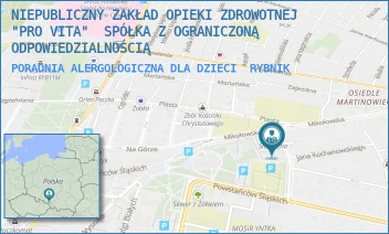 PORADNIA ALERGOLOGICZNA DLA DZIECI - NIEPUBLICZNY ZAKŁAD OPIEKI ZDROWOTNEJ "PRO VITA"  SPÓŁKA Z OGRANICZONĄ ODPOWIEDZIALNOŚCIĄ - UL. BYŁYCH WIĘŹNIÓW POLITYCZNYCH 3,  RYBNIK